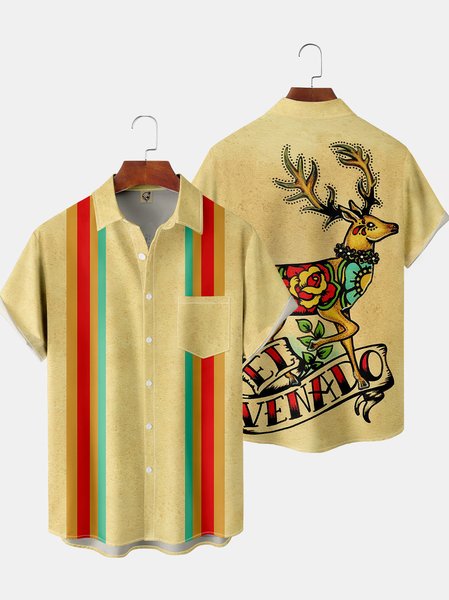 

Men's Printed Short Sleeve Hawaiian Shirt with Chest Pocket, Khaki, Short Sleeve Shirts
