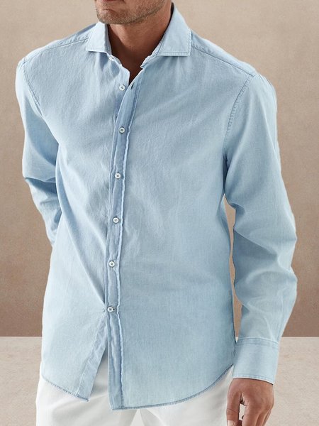

Solid Color Long Sleeve Shirt Casual Style Lapel Top, Blue, Long Sleeve Shirts