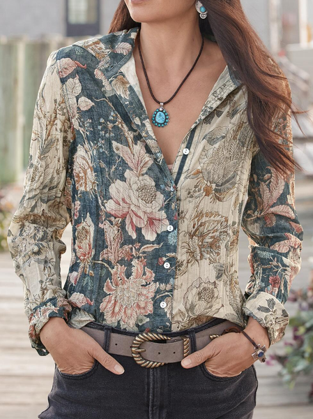 

Shawl Collar Floral Regular Fit Blouse, Multicolor, Shirts & Blouses
