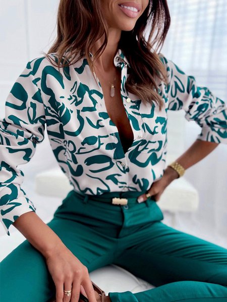 

Floral Urban Printed Shirt Collar Blouse, Green, Blouses and Shirts