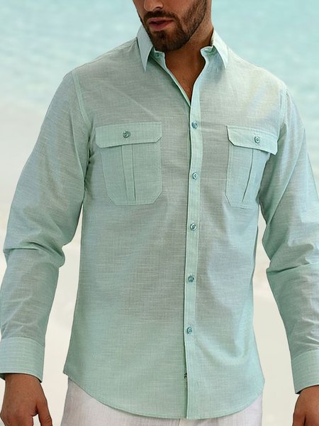 

Tooling Multi-pocket Long-sleeved Shirt Casual Style Lapel Top, Aqua, Long Sleeve Shirts