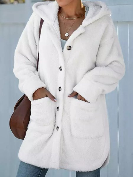 

Hoodie Plain Regular Fit Coat, White, Outerwear