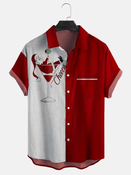 

Santa Stripe Short Sleeve Shirt Casual Style Cotton Linen Lapel Top, Red, Short Sleeve Shirts