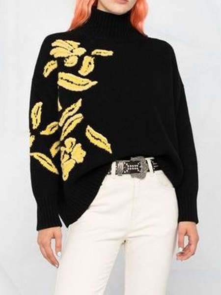 

High Elasticity Loose Turtleneck Urban Long sleeve Sweater, Black, Pullovers