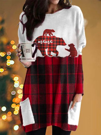 

Christmas Plaid Regular Fit Crew Neck Casual Dresses, Red, Dresses