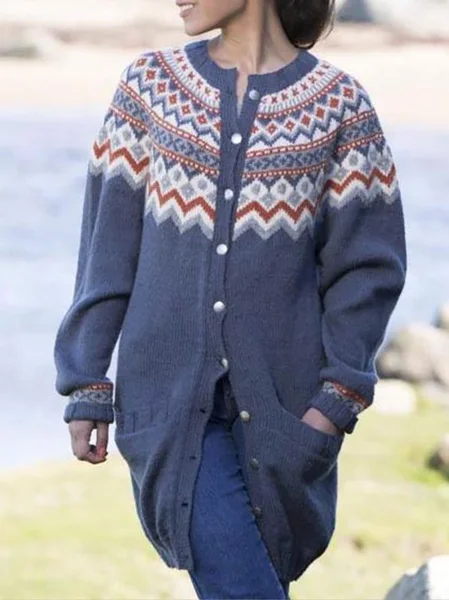 

Ethnic Floral Design Knitted Sweater Coat, Dark blue, Cardigans