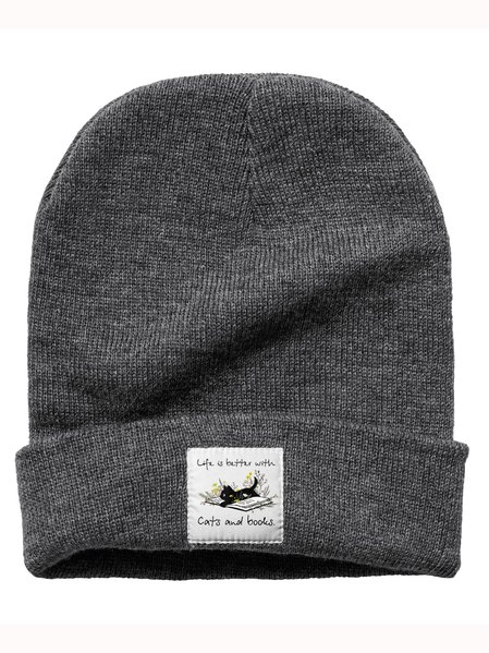 

Life Is Better With Cats And Books Animal Graphic Beanie Hat, Gray, Hats