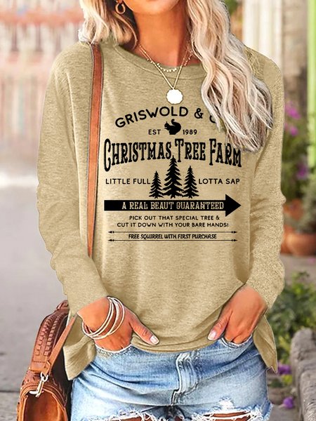 

Women's Christmas Tree Farm Crew Neck Regular Fit Cotton-Blend Long Sleeve Top, Khaki, Long sleeves