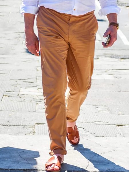 

Cotton and Linen Plain Hawaiian Casual Trousers, As picture, Men's pants