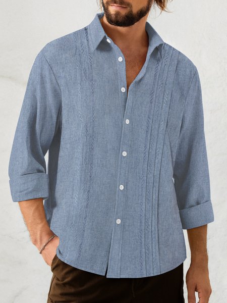 

Pintuck Geometric Embroidered Lapel Long Sleeve Shirt, Blue, Long Sleeve Shirts