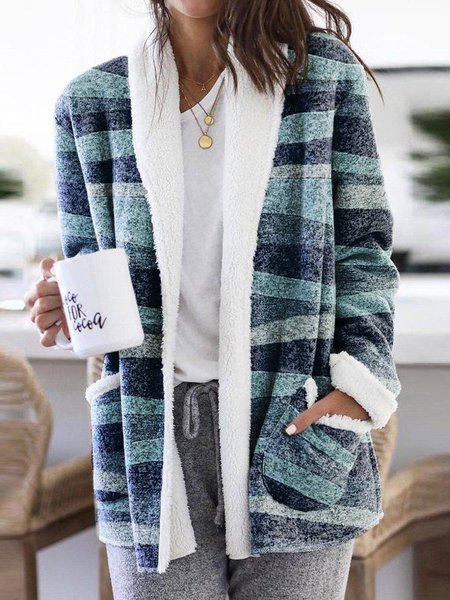 

Loose Casual Striped Teddy Jacket, Cyan, Coats