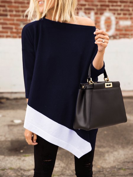 

Long sleeve Crew Neck Color Block Casual Top, Deep blue, Tops