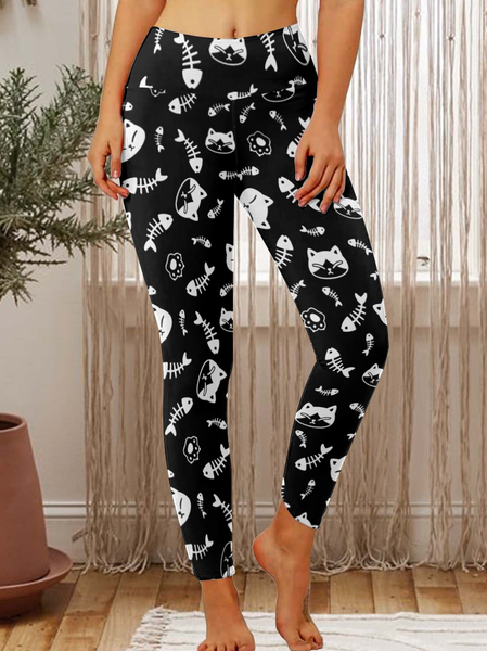 

Smile Cat With Fish Bone Women's Tummy Control Leggings, Black, Leggings