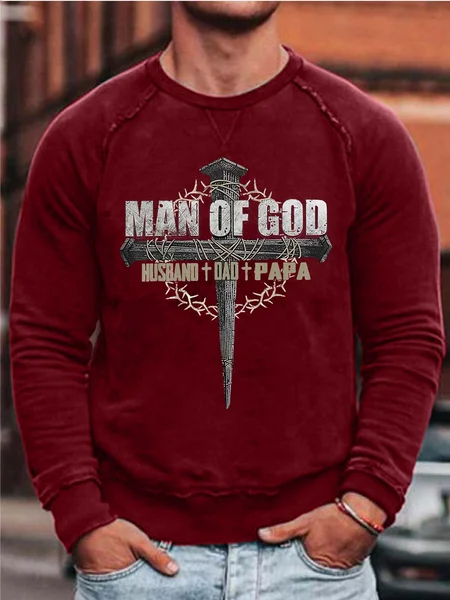 

Men Man Of God Husband Dad Papa Cross Crew Neck Cotton-Blend Simple Sweatshirt, Red, Hoodies&Sweatshirts