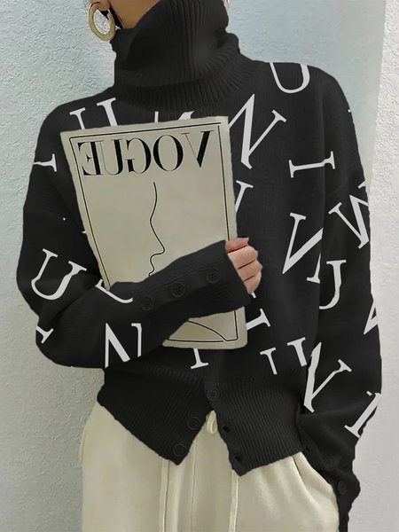 

Urban Text Letters Loosen Long Sleeve Sweater, Black-white, Pullovers