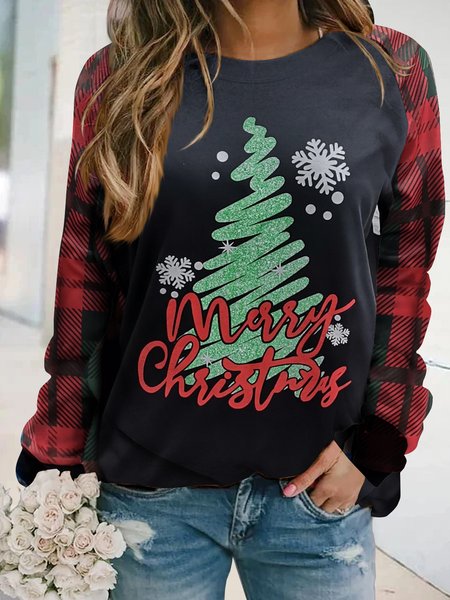 

Long sleeved round neck Christmas tree top women's sweater, Black, Sweatshirts & Hoodies
