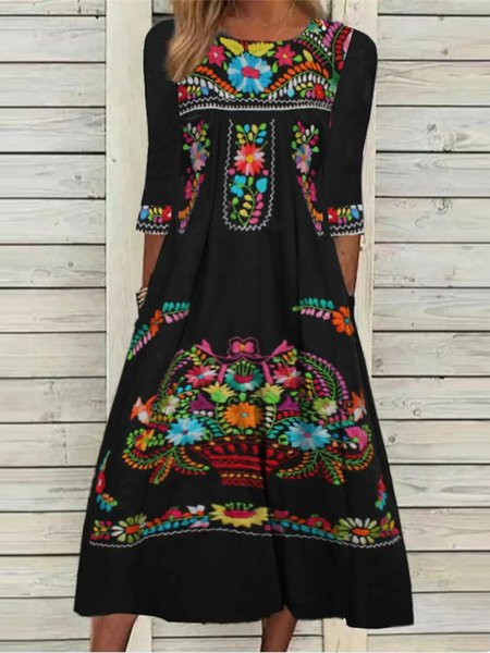 

Ethnic Boho Crew Neck Dresses, Black, Dresses