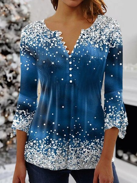 

Christmas Casual Knit Long Sleeve Top, Blue, Tops