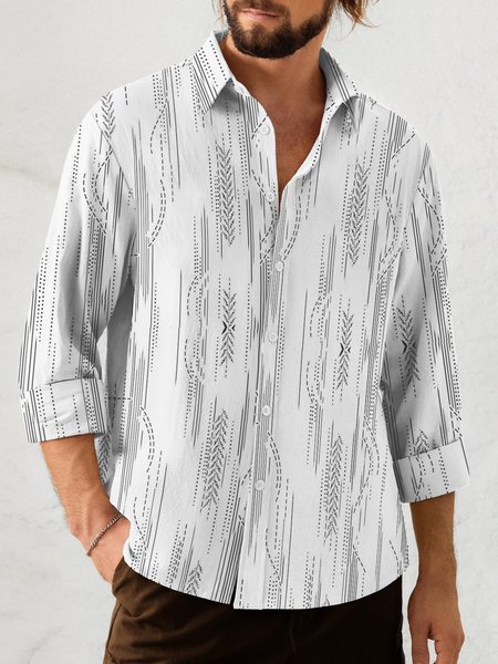 

Line Art Long Sleeve Shirt Casual Style Lapel Top, White, Long Sleeve Shirts