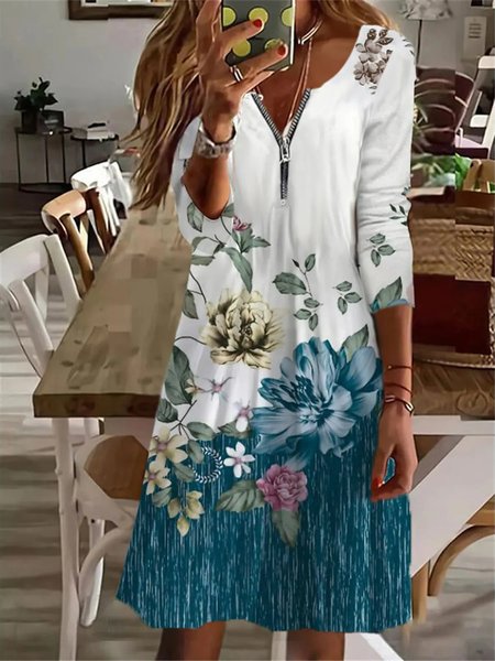 

Casual V Neck Floral Zipper Dresses, Blue, Dresses