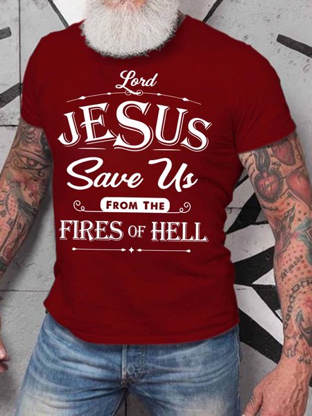 

Men Jesus Save Us From The Fires Of Hell Casual Crew Neck T-Shirt, Red, T-shirts