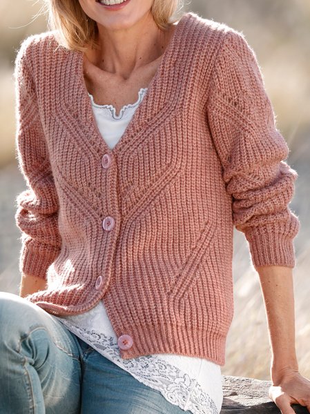 

Yarn/Wool Yarn V Neck Regular Fit Sweater Coat, Coral, Outerwear