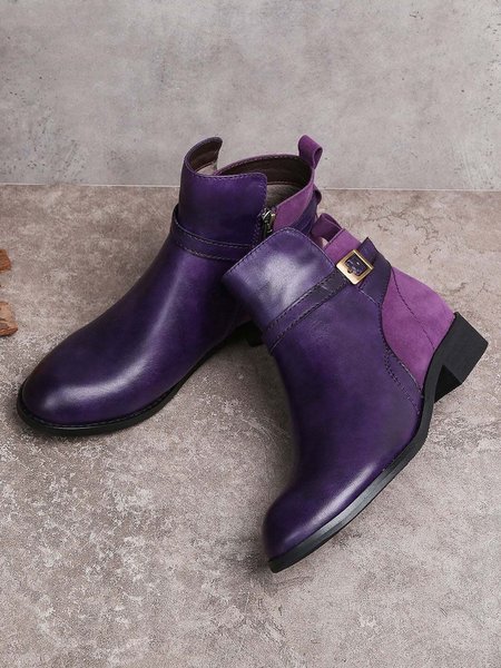 

Vintage Round Toe Chunky Heel Casual Short Boots, Purple, Boots