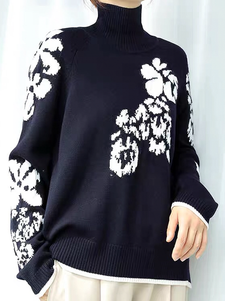 

High Elasticity Turtleneck Long sleeve Urban Sweater, Navyblue, Pullovers