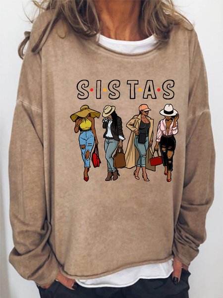 

Women's Sistas Text Letters Cotton-Blend Casual Sweatshirt, Khaki, Hoodies&Sweatshirts