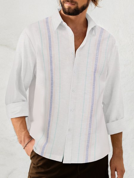 

Geometric Stripe Print Lapel Long Sleeve Shirt, White, Long Sleeve Shirts
