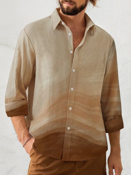 Tie Dye Gradient Print Lapel Long Sleeve Shirt, Brown, Long Sleeve Shirts