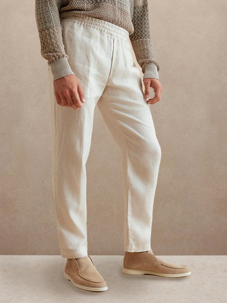 

Elastic Waist Loose Cotton Linen Casual Trousers, Off white, Men's pants