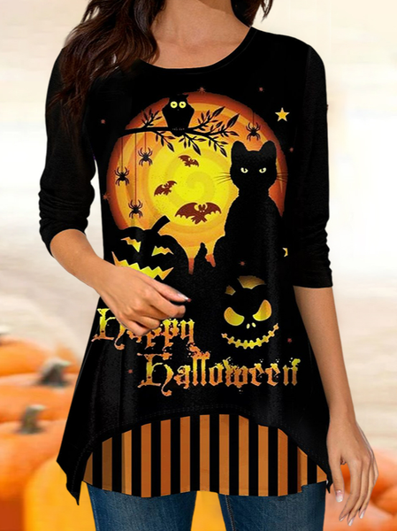

Casual Long Sleeve Halloween Print Round Neck T Shirt, Black, T-Shirts