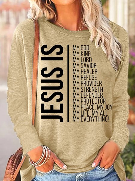 

Women's Jesus Is My God Crew Neck Long Sleeve Top, Apricot, Long sleeves