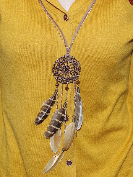 

Ethnic Retro Dream Catcher Feather Long Sweater Chain Wool Clothes Necklace, As picture, Necklaces