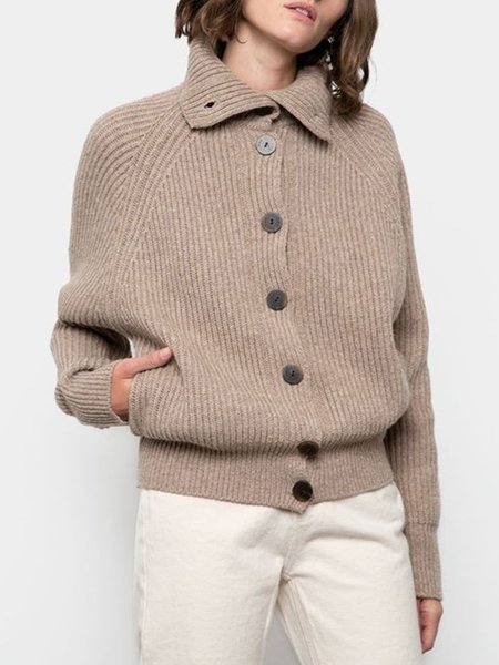 

Plain Shirt Collar Pockets Buttoned Sweater Cardigan, Light coffee, Cardigans