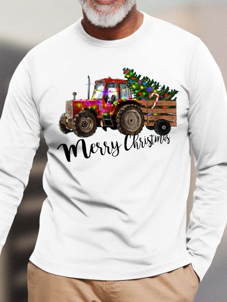 

Men Merry Christmas Tree Truck Casual Crew Neck Top, White, Long Sleeves