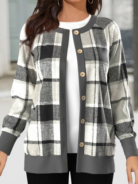 

Plaid Loose Crew Neck Other Coat, Gray, Cardigans