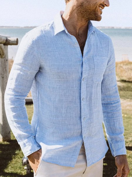 

Cotton and linen style American leisure double-color flax long sleeve Shirt, As picture, Long Sleeve Shirts