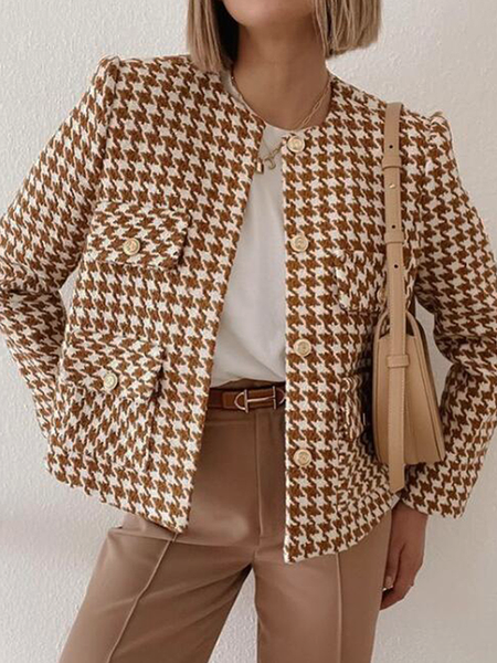 

Loose Crew Neck Long sleeve Urban Houndstooth Jacket, Brown, Jackets