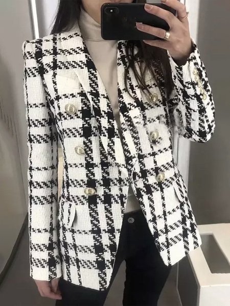 

Long sleeve Plaid Shawl Collar Regular Fit Jacket, Black-white, Jackets