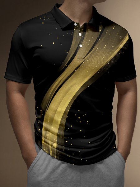 

Men's 3D Abstract Line Gold Gradient Button Short Sleeve Polo Shirt Casual Style Art Collection Lapel Print Top, Black, Long Sleeve T-shirts