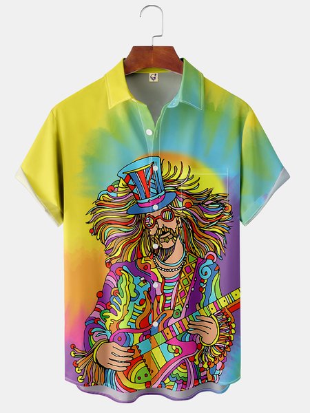 Music Chest Pocket Short Sleeve Shirt Hippie Lapel Print Top, Yellow, Short Sleeve Shirts