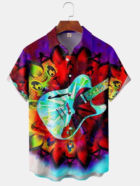 

Music Chest Pocket Short Sleeve Shirt Hippie Lapel Print Top, As picture, Short Sleeve Shirts