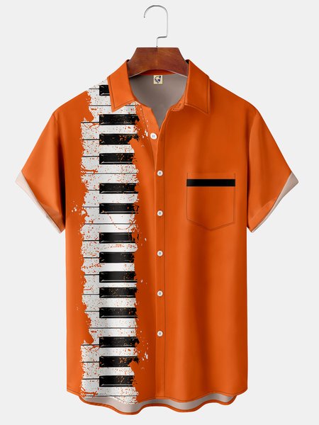 

Music Pocket Short Sleeve Shirt Casual Hawaiian Piano Print Top, Orange, Short Sleeve Shirts