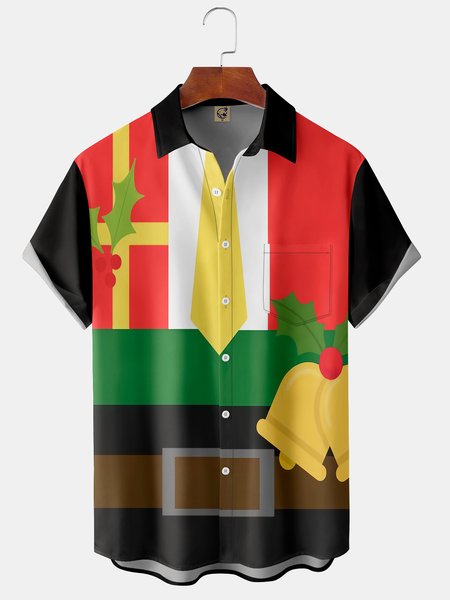 

Christmas Print Chest Pocket Short Sleeve Shirt Resort Style Fesival Series Lapel Top, Black, Short Sleeve Shirts