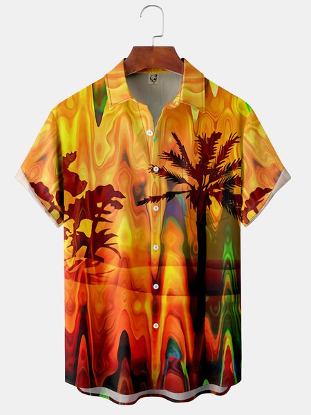 

Coconut Tree Chest Pocket Short Sleeve Shirt Resort Style Hawaii Series Art Painting Print Lapel Top, Yellow, Short Sleeve Shirts