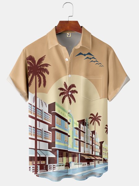 

Coconut Pocket Short Sleeve Shirt Resort-inspired Hawaiian print top, Khaki, Short Sleeve Shirts