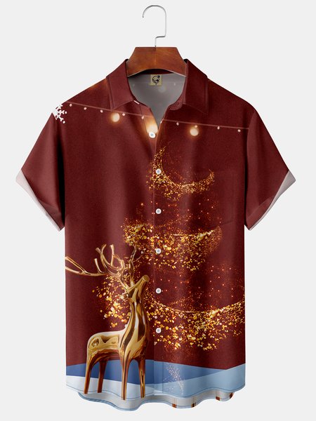 

Gold Fawn Chest Pocket Short Sleeve Shirt Christmas Lapel Print Top, Red, Short Sleeve Shirts