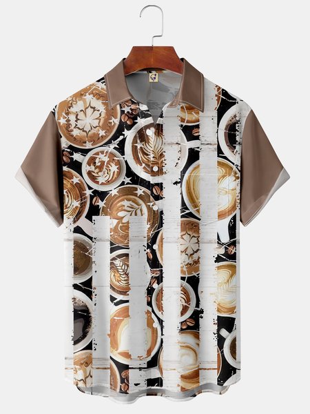 

American Flag Pocket Short Sleeve Shirt Casual style Hawaii series mechanism print top, Khaki, Short Sleeve Shirts